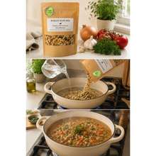 Load image into Gallery viewer, PureKtchn Barley Soup Mix cooking process showing dry soup mix, adding water and the finished barley soup