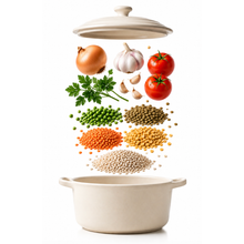 Load image into Gallery viewer, Ingredients for PureKtchn Barley Soup Mix including pearl barley, lentils, split peas, green peas, tomatoes, onion, garlic and parsley