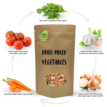 Load image into Gallery viewer, PureKtchn Organic All-Purpose Dried Vegetable Mix, a versatile, nutrient-rich blend made with organic carrots, tomatoes, onions, parsley, and garlic. Ideal for adding quick, natural flavor and nutrition to soups, salads, pasta, omelets, and more. This vegan, gluten-free mix saves cooking time by eliminating the need for chopping. Available in various sizes, crafted in the UK