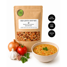 Load image into Gallery viewer, Pure Kitchen Red Lentil Soup Mix in a brown kraft pouch, shown with a bowl of prepared soup, an onion, a tomato, garlic, and parsley, with three black circular badges highlighting high protein, high fibre, and serving size.