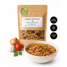 Load image into Gallery viewer, PureKtchn Barley Soup Mix with lentils and peas, high-protein high-fibre pantry meal, served as a hearty bowl of soup
