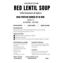 Load image into Gallery viewer, A black text informational card on a white background for Purektchn Red Lentil Soup, including the product name, description, serving size, ingredients list, cooking instructions, nutrition facts per 100g, allergy advice, and storage instructions.
