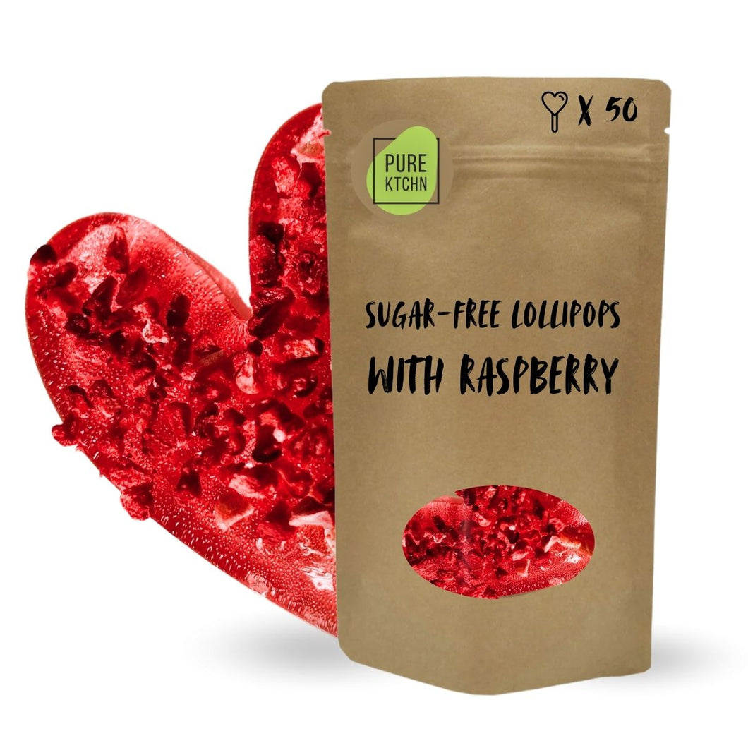 PureKtchn sugar-free raspberry lollipops – a healthy snack alternative made in the UK, perfect for guilt-free indulgence and mindful snacking in London.