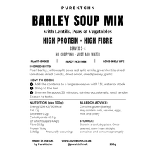 Load image into Gallery viewer, A text-based product card for Purektchn Barley Soup Mix, showing the title, ingredients, cooking instructions, nutrition facts, allergy advice, and storage instructions on a white background.
