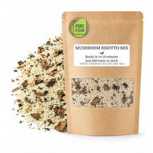 Load image into Gallery viewer, Pure Kitchen Mushroom Risotto Mix in a brown stand-up pouch with a clear window, shown next to a spilled pile of the rice and herb mixture on a white background.
