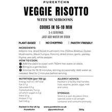 Load image into Gallery viewer, A black and white informational card for Purektchn Veggie Risotto with Mushrooms, detailing cooking instructions, ingredients, nutrition facts per 100g, allergy advice, and storage instructions.
